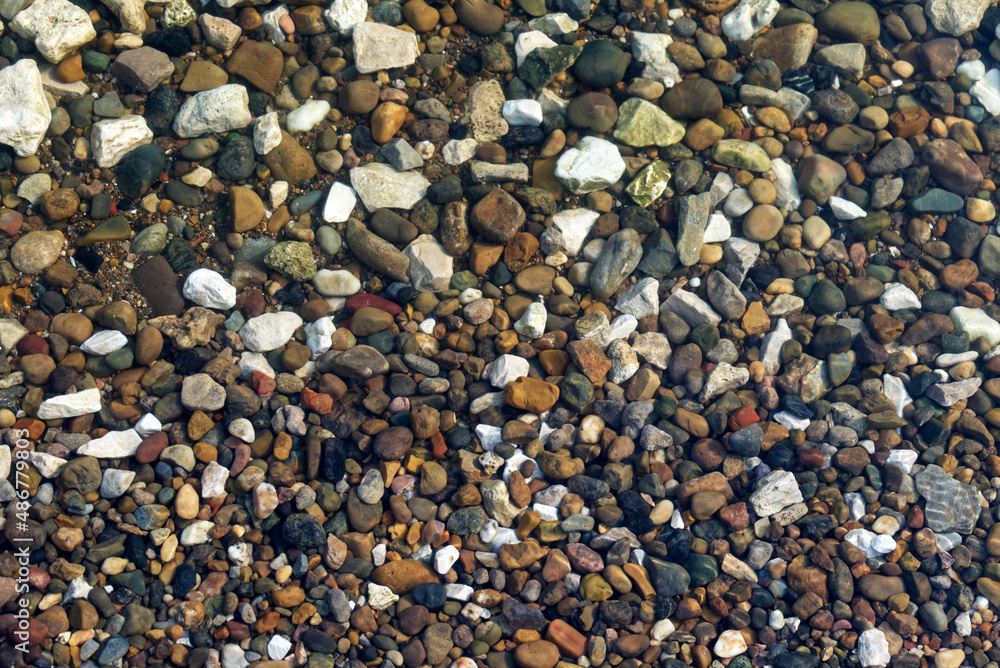 River motley pebbles under a layer of water. River motley pebbles under a layer of water.