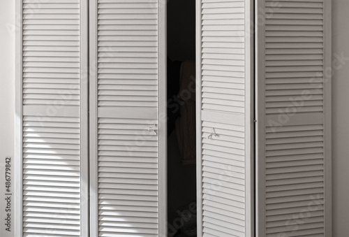 Screen door in the apartment.Wooden folding accordion partition in white. © twinlynx