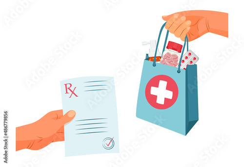 Hand passes pharmacy package with medicines according to prescription form of doctor Rx.