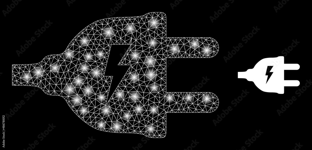 Electric supply plug icon and constellation mesh electric supply plug structure with magic spots. Illuminated constellation generated from electric supply plug vector icon and triangulated mesh.