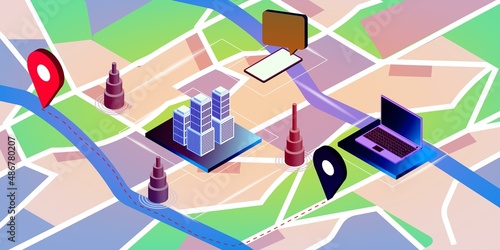 Data network management concept. 3d vector isometric map with business network servers, computers and devices.
