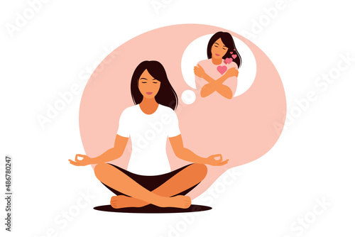 Mental health concept. Girl meditation. Love yourself. Inner harmony with yourself. Vector illustration. Flat