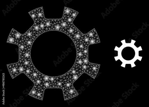 Gearwheel icon and bright mesh gearwheel structure with bright spots. Illuminated constellation created from gearwheel vector icon and triangulated mesh. Illuminated carcass gearwheel,