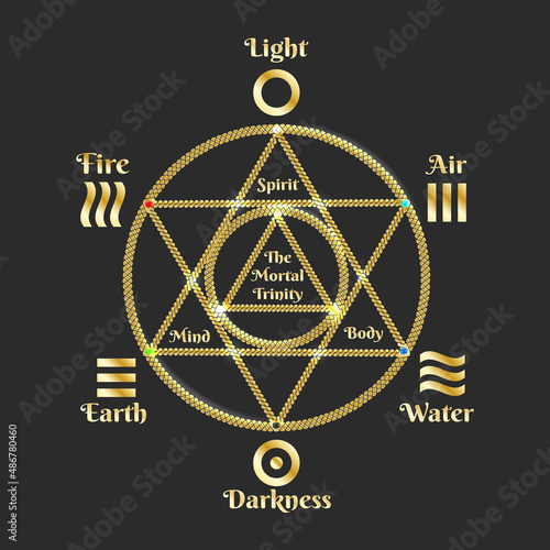 Golden Esoteric Hexagram on Black Background photo