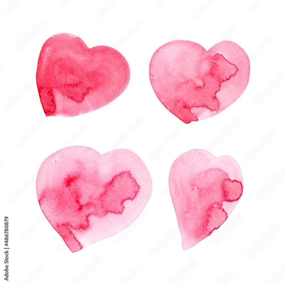 abstract watercolor hearts isolated on white