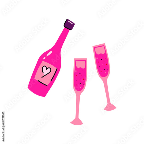 Hand drawn flat style pink bottle of champagne and two glasses for couple . Illustrations for St. Valentines day
