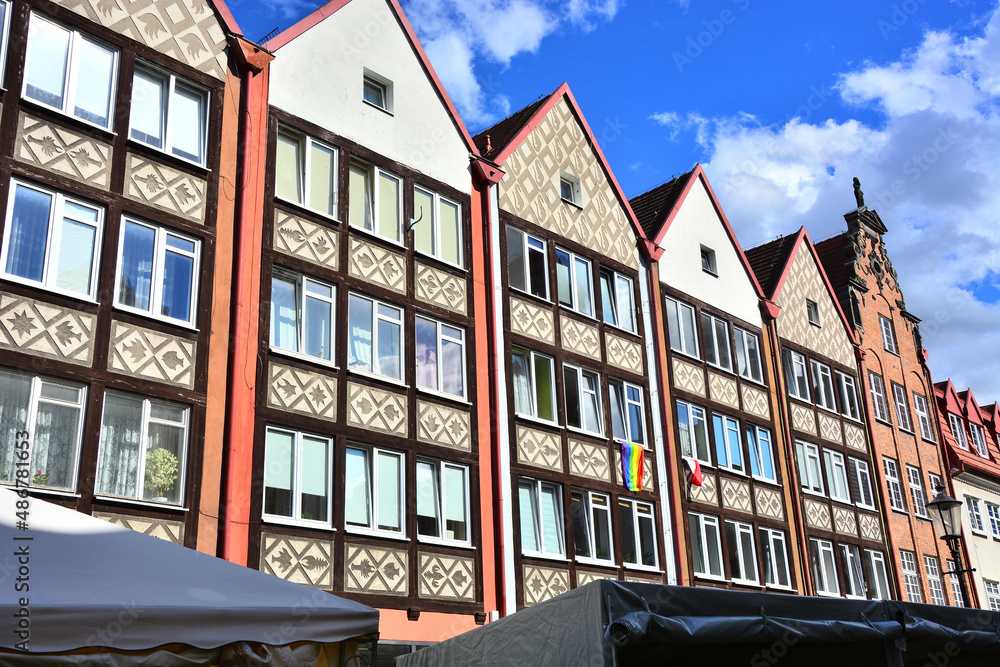 Historical tenement buildings near Royal Chapel in old town center of Gdansk in Poland