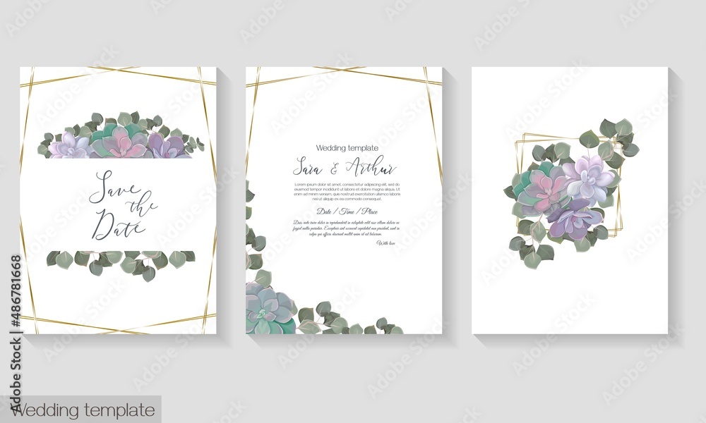 Vector floral design for wedding invitation. Succulents, eucalyptus and golden figures.