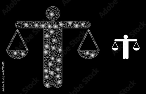 Judge balance icon and bright mesh net judge balance model with sparkle spots. Illuminated model is created using judge balance vector icon and polygonal mesh. Illuminated carcass judge balance,