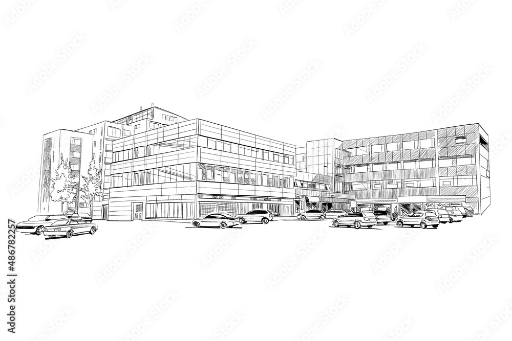Premium Photo | Sketch of Modern Business Building in Urban Scene with  Vignetting Effect Architecture Planning