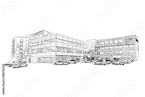 Building layout hand drawn sketch design template. Hospital, store, supermarket, car showroom, school. business center. shopping mall. 