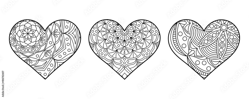 Vector heart shape coloring page. Line art geometric and floral ornaments in the heart.