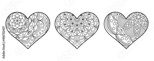 Vector heart shape coloring page. Line art geometric and floral ornaments in the heart.