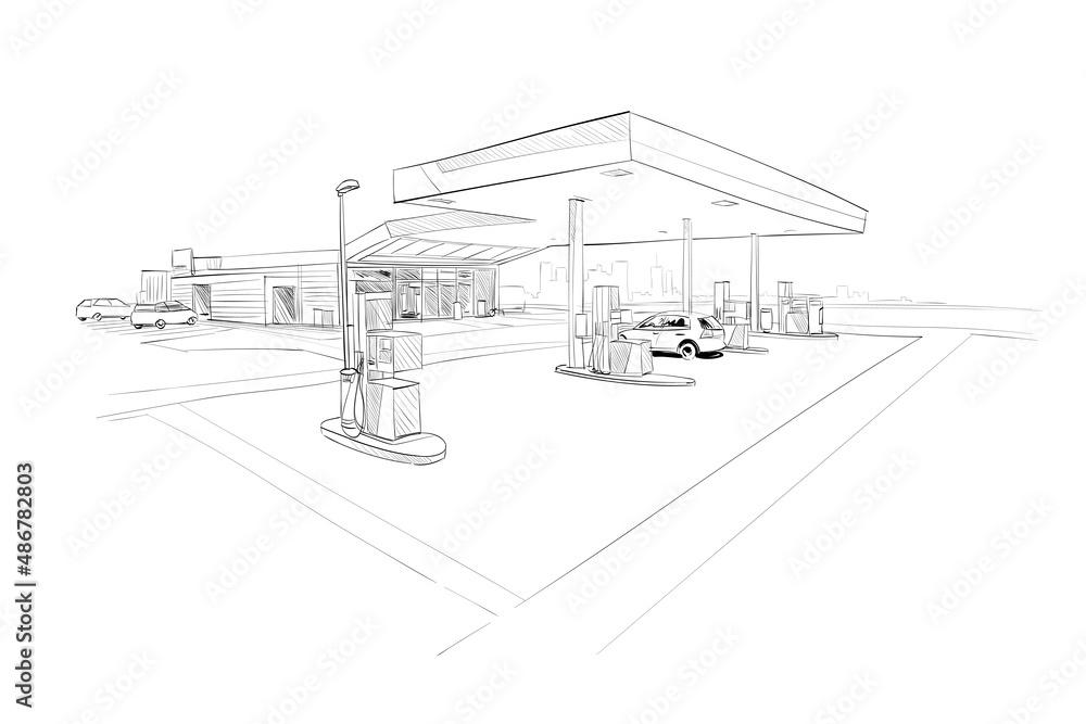 Gas station hand drawn sketch. Vector illustration. Template for design project. 