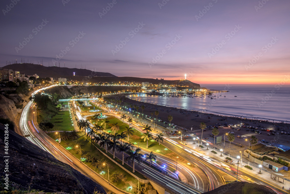 Panoramic view of Aguadulce beach in the sunset, Chorrillos, Lima, Peru.