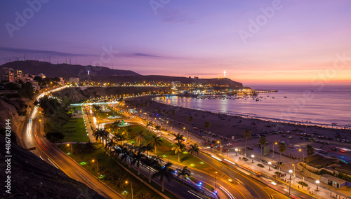Panoramic view of Aguadulce beach in the sunset, Chorrillos, Lima, Peru.