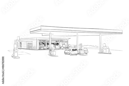Gas station hand drawn sketch. Vector illustration. Template for design project. 