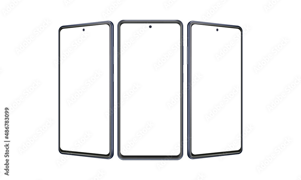 Modern Frameless Smartphone Mockup with Front and Side View, Isolated on White Background. Vector Illustration Modern Frameless Smartphone Mockup with Front and Side View, Isolated on White Background. Vector Illustration