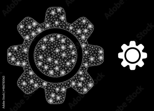 Gearwheel icon and bright mesh gearwheel structure with illuminated light spots. Illuminated model created from gearwheel vector icon and triangulated mesh. Illuminated carcass gearwheel,