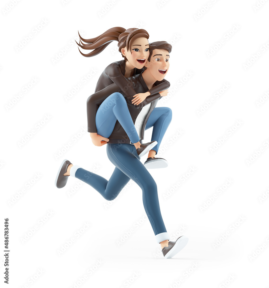 3d cartoon man running with woman on back 3d cartoon man running with woman on back