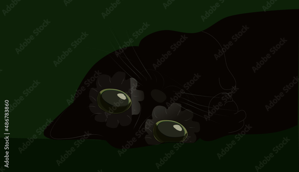Fototapeta premium Black cat with green eyes in different poses, vector illustration