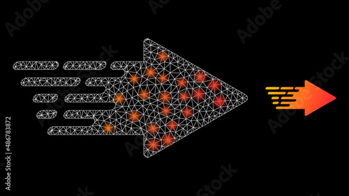 Rush arrow icon and glare mesh net rush arrow model with majestic light spots. Illuminated model done using rush arrow vector icon and polygonal mesh. Glossy carcass rush arrow,