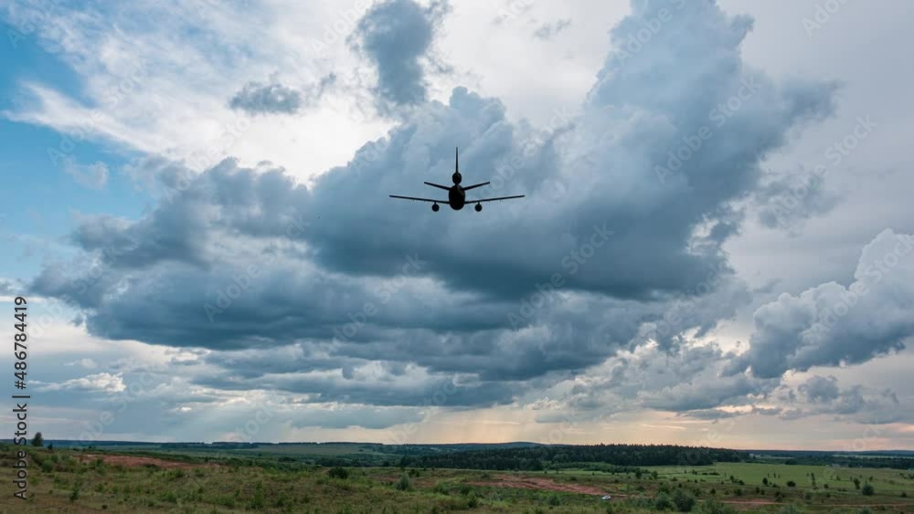 Airplane Takes Off Against the Background of Time-Lapse Sunset. Beautiful 3d Animation. Ultra HD 4K video Airplane Takes Off Against the Background of Time-Lapse Sunset. Beautiful 3d Animation. Ultra HD 4K video