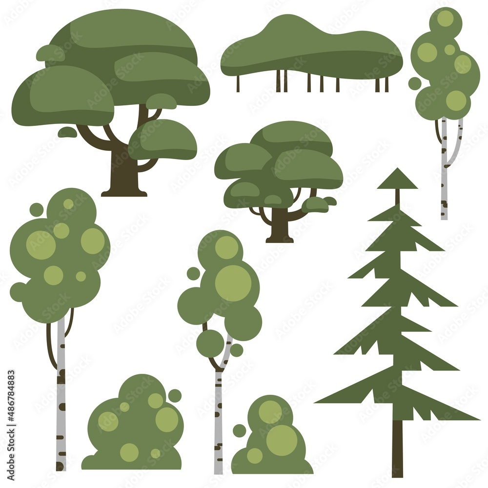 Fototapeta premium Vector collection of illustrations of trees and bushes. A set of isolated objects on a white background. Flat style
