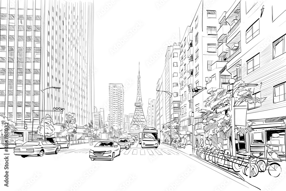 Tokyo, Japan. Tokyo TV Tower. Hand drawn sketch. Vector illustration.
