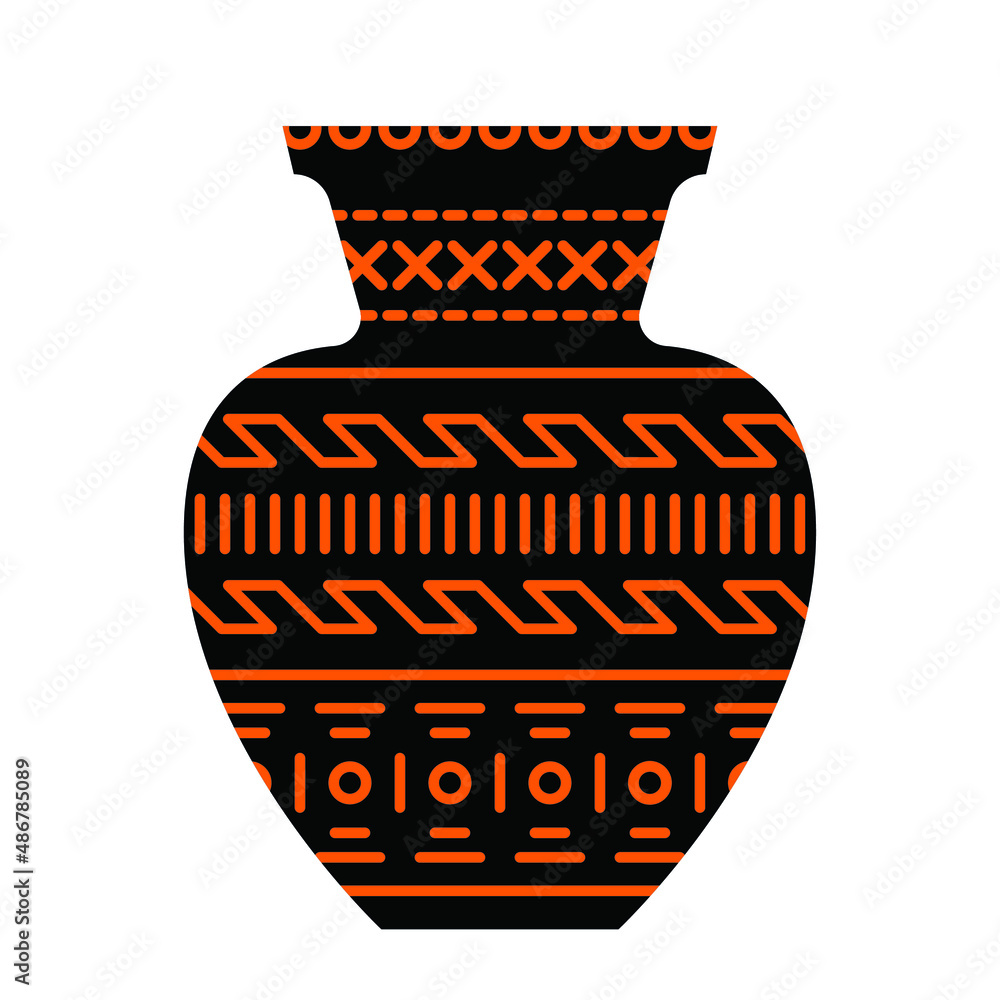 Vector illustration - a beautiful elegant vase in black and orange with a geometric ornament isolated close-up. Concept - decorative art