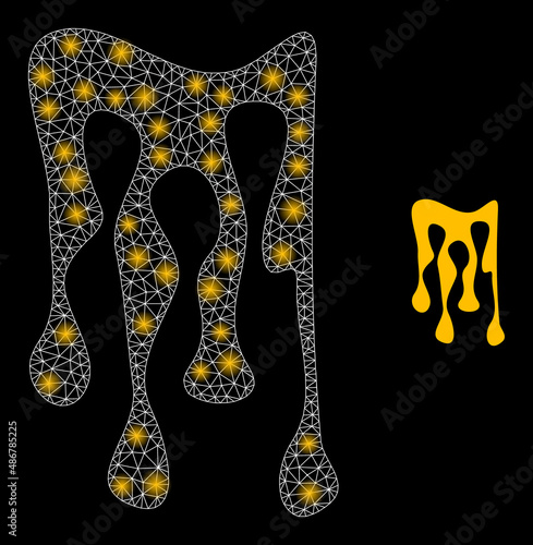 Sticky honey drops icon and shiny mesh sticky honey drops structure with illuminated light spots. Illuminated constellation generated using sticky honey drops vector icon and triangle mesh.