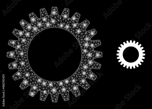 Cogwheel icon and constellation mesh net cogwheel model with magic spots. Illuminated model is created using cogwheel vector icon and triangulated mesh. Constellation frame cogwheel,