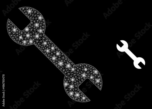 Spanner icon and constellation mesh net spanner model with flare spots. Illuminated constellation done using spanner vector icon and triangulated mesh. Constellation frame spanner,