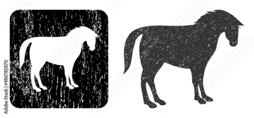 Vector horse stencil icon. Grunge horse seal stamp, done from icon and rounded square. Rounded square seal include horse subtracted shape inside. Vector horse grunge images.