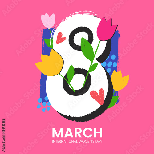 8 March greeting card design in creative artistic style. International Women's Day decorative poster with hand drawn elements. Applicable for social media, promo, banner, print. Vector illustration.