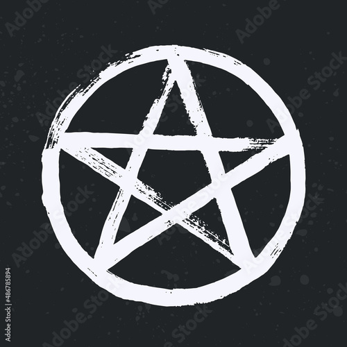 White pentagram symbol isolated on black background. A star in a circle - a symbol of occultism, esoteric, magic and mysticism. Pentacle sign with paint brush texture effect. Vector illustration.