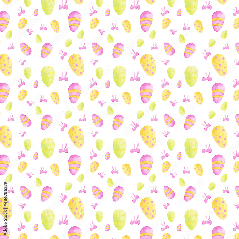 Watercolor seamless pattern Easter eggs, pink bow