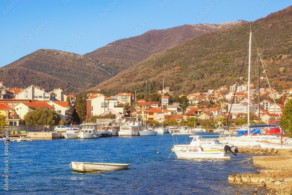 Winter Mediterranean landscape. Montenegro, Kotor Bay. View of Tivat city and Marina Kalimanj