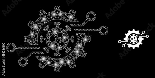 Virus electronics gear icon and shiny mesh net virus electronics gear model with glossy spots. Illuminated model done from virus electronics gear vector icon and triangulated mesh.