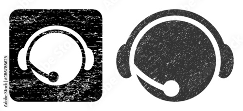Vector call center operator stencil icon. Grunge call center operator seal stamp, done with icon and rounded square. Rounded square stamp seal have call center operator subtracted shape inside.