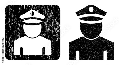 Vector policeman carved icon. Grunge policeman seal, done with icon and rounded square. Rounded square seal contain policeman hole inside. Vector policeman grunge images.