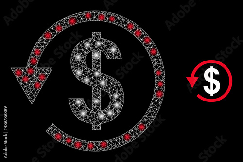 Dollar chargeback icon and glowing net mesh dollar chargeback model with flare spots. Illuminated constellation is created from dollar chargeback vector icon and polygonal mesh.