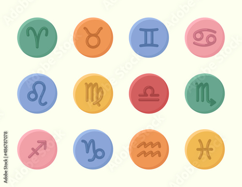 Zodiac signs. Vector set of color icons in cartoon style on a light background (ID: 486787078)