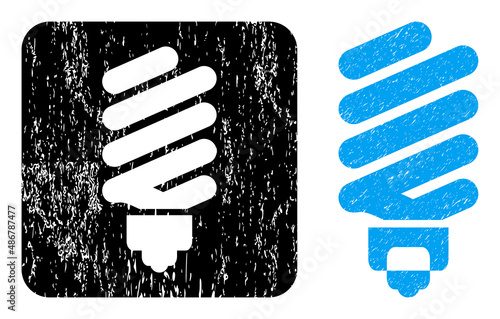 Vector fluorescent bulb carved icon. Grunge fluorescent bulb seal stamp, done with icon and rounded square. Rounded square seal have fluorescent bulb subtracted shape inside.