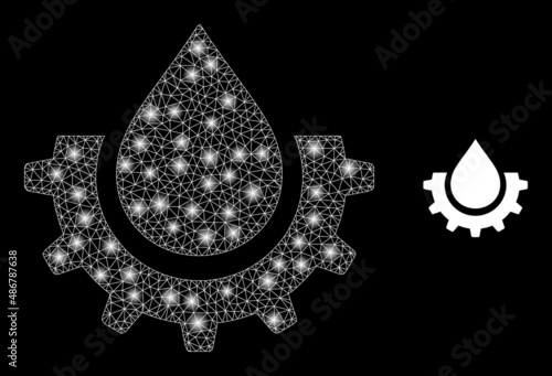 Oil industry icon and glowing net mesh oil industry model with majestic spots. Illuminated model done using oil industry vector icon and triangle mesh. Bright frame oil industry,