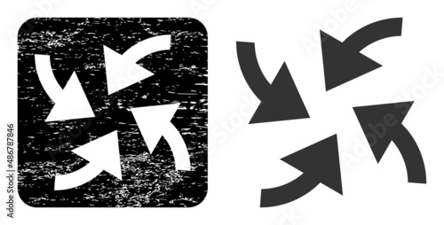 Vector cyclone arrows stencil pictogram. Grunge cyclone arrows stamp, done from icon and rounded square. Rounded square stamp have cyclone arrows subtracted shape inside.
