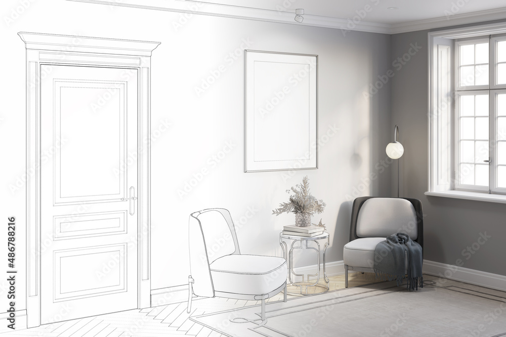 A sketch becomes a real room with a blank vertical poster on a gray wall between a window and a door, a vase of flowers on a coffee table between two armchairs, a carpet on the parquet floor.3d render A sketch becomes a real room with a blank vertical poster on a gray wall between a window and a door, a vase of flowers on a coffee table between two armchairs, a carpet on the parquet floor.3d render