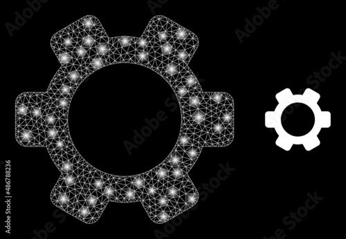 Gearwheel icon and constellation net mesh gearwheel model with majestic light spots. Illuminated constellation created from gearwheel vector icon and triangle mesh. Constellation carcass gearwheel,
