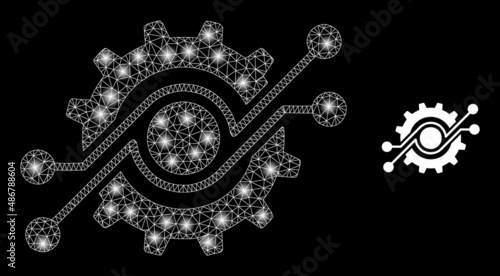 Gear electronic component icon and glare mesh net gear electronic component model with glossy spots. Illuminated model generated using gear electronic component vector icon and triangulated mesh.