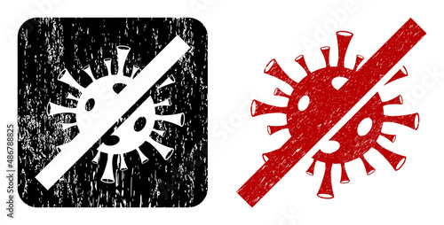 Vector no coronavirus carved icon. Grunge no coronavirus badge, done with icon and rounded square. Rounded square seal have no coronavirus cut out shape inside. Vector no coronavirus grunge images.